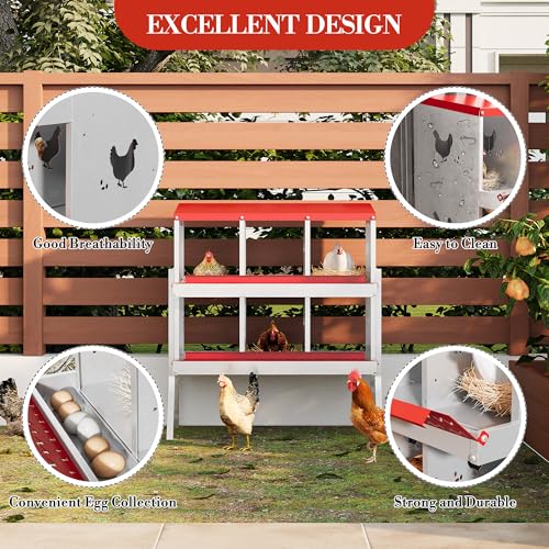 Chicken Nesting Boxes 6 Holes Galvanized Steel Rustproof Egg Laying Box with Egg Collection Systems, Hen Eggs Laying Box, Ventilated/Easy to Install, for Chicken House/Duck House/Hen - color: Red, size: 6 Holes with Legs
