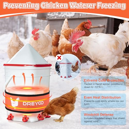 Dreyoo Thermo Bucket Belt with Insulated Wrap, Fits 2-5 Gallon Chicken Waterer, Auto-Thermostatic Chicken Waterer Heater with 5.9ft Power Cord, Energy-Efficient & Durable, Safe to -10°F
