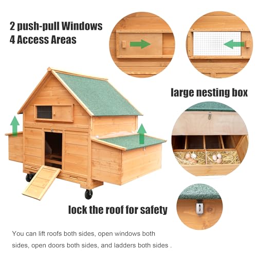 Chicken Coop on Wheels, Large Mobile Wooden Hen House for 4-6 Chickens, Outdoor Poultry Cage with Nesting Box, Chicken House for Outside Farm Backyard - size: 4-6 Chickens