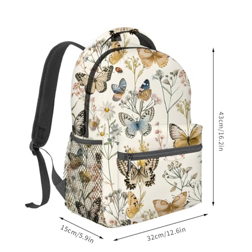 Vintage Butterfly Backpack,Wildflower Retro Polyester Backpacks,Lightweight Double Shoulder Back Pack for Girls Women,Floral Cream Bookbag,School Bag Gifts,Casual Travel Daypack Book Packs - color: Butterfly 02