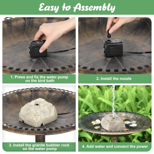 Bird Bath Water Fountain with Electric Pump for Outdoor Garden, Beige | 24H Plug In, Granite Air Pump Rock for Bird, 2 Nozzles 3 Flow Modes, IPX8 Waterproof, 450L/H Pump, Anti Dry Satety Protection - color: Beige