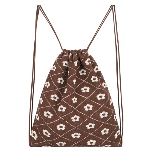 Lobagve Drawstring Backpack Boho Purse Leisure Daypack Yoga Sport String Bag - color: Flower—dark Red&khaki