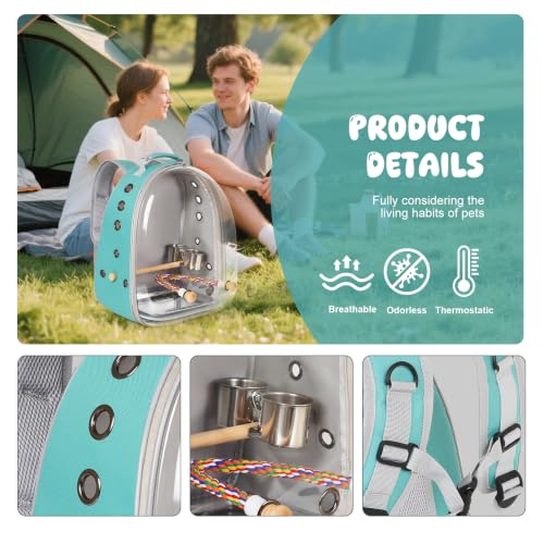 Bird Traval Carrier Cage, Multi Vent Holes Clear Space Capsule Astronaut Backpack to Carry Parakeet Cockatiel Parrot with Metal Tray Wood Perch, Vet Transport Book Bag - color: Green