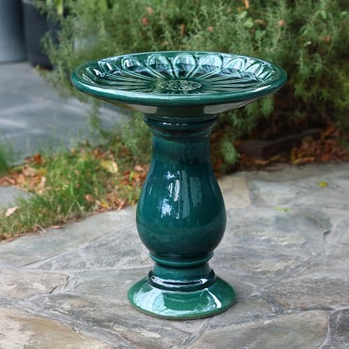 LuxenHome 22 Inch Ceramic Bird Bath for Outside, Elegant Tall Outdoor Bird Bath, Lightweight Pedestal Glazed Birdbaths for Outdoors with Floral Pattern, Dark Green - color: A Dark Green