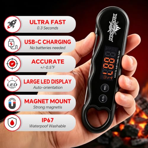 0.3s Fast Read Meat Thermometer – USB-C Rechargeable,Black | Digital instant read for BBQ, baking, and candy –no batteries needed - color: Black