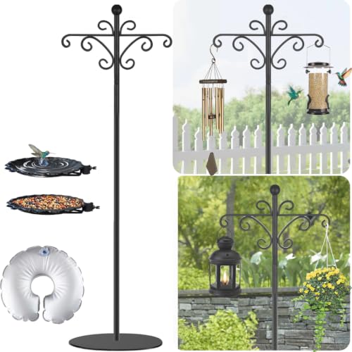 74.5" Shepherd's Hook Stand，Bird Feeder，Wind Chime, Waterproof Metal & Adjustable-Height Pole Holder for Lantern ，Hanging Plants Indoor & Outdoor（2 Placement Racks - color: Black