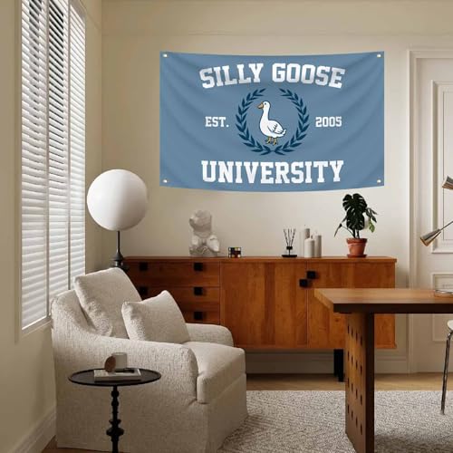 Funny Blue Campus Flag 3X5 Feet Silly Goose University Banner | College Dorm Room ,Man Cave Frat Wall Outdoor Decor, With 4 Brass Grommets - color: G3