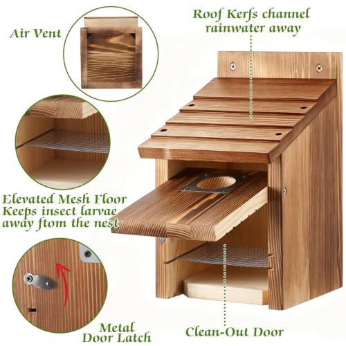 Dreyoo 4 Pack Bluebird Houses for Outside with Metal Predator Guard, 1-1/2" Entrance Hole Wooden Blue Bird Houses for Outdoors, Bluebird Nesting Box(Burnt Wood) - color: Burnt Wood