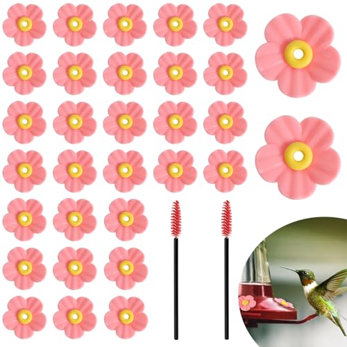 30 Pieces Hummingbird Feeders Replacement Flowers and 2 Cleaning Brushes, Feeding Ports Replacement Bird Feeder Replacement Parts for Hanging Feeding Hummingbird Outdoors(Pink) - color: Pink