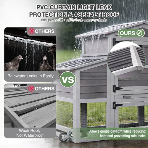 80" Large Chicken Coop on Wheels, with Run, Outdoor Wooden Hen House with Nesting Box, Leakproof Pull-Out Tray & Waterproof Roof, for 4–6 Chickens - color: Grey (AIR61)