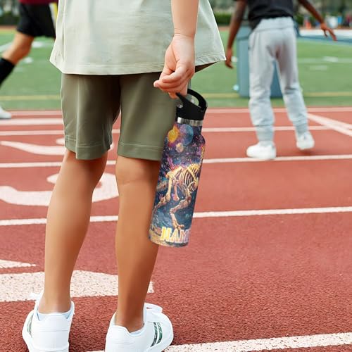 Custom Name Oil Painting T-rex Running Water Bottle for Men Women Personalized Text Insulated ‌Stainless Steel Water Bottle with Straw Lid for School Sport 20 Oz - color: custom oil painting t-rex running