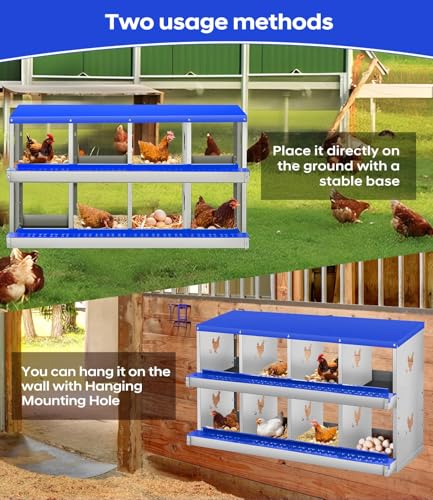 8 Compartment Chicken Nesting Box, Heavy Duty Metal Laying Box with Perch, Easy Assembly & Easy Clean for Outdoor Chicken Coop, Blue - color: Blue, size: 8 Compartment