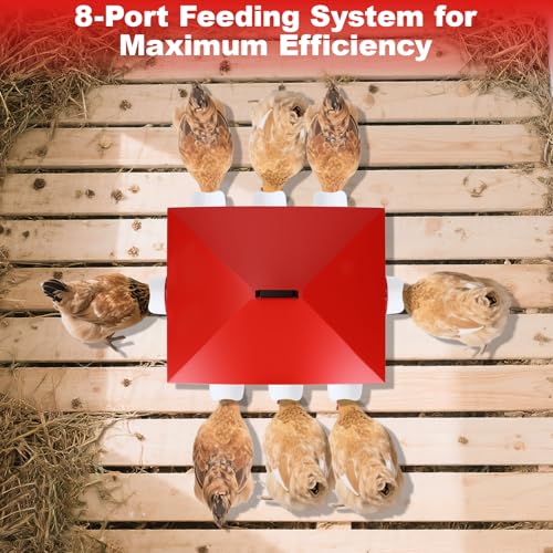 50Lb Automatic Chicken Feeder with Window 10 Port No Waste Rust-Proof Galvanized Steel with Locking Lid & Adjustable Height Legs Waterproof Portable Poultry Feeder for Chickens,Ducks,Geese