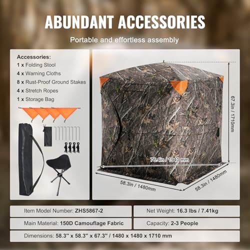 VEVOR Hunting Blind，See Through Ground Blinds with Carrying Bag, 360 Degree Portable Camouflage Tent，Durable Concealed Shelter with Silent Side Door and Window, for Turkey and Deer - size: 2-3 Person（270°See Through ）