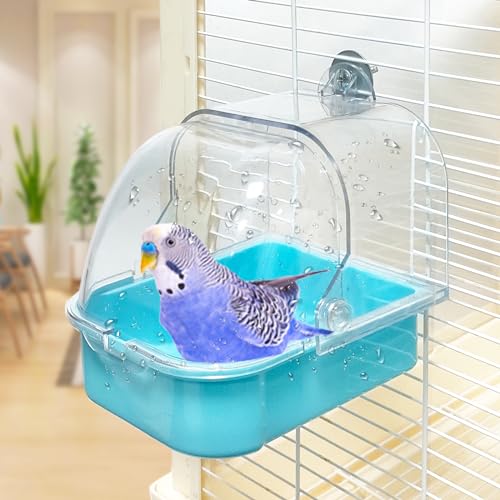 Bird Bath for Cage, Cleaning Pet Supplies Cockatiel Bird Bathtub with Hanging Hooks for Little Bird Parrots Spacious Parakeets Portable Shower for Most Birdcage(Blue) - color: blue