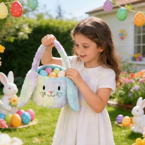 PRATIQUE Foldable Plush Easter Basket with Bunny Ears for Kids, Easter Egg Hunt Bucket with Handle, Cute Storage Bin for Candy, Toys & Gifts (Rainbow) - color: Rainbow
