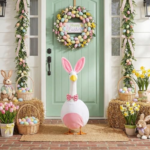 Abbylike 1 Set Easter Bunny Porch Goose Outfits Easter Yard Goose Clothes Costume with Bunny Ears Headband Fits Large 23'' Cement for Spring Outdoor Garden Yard Patio Statue Pathway Art Decorations - style: Pink