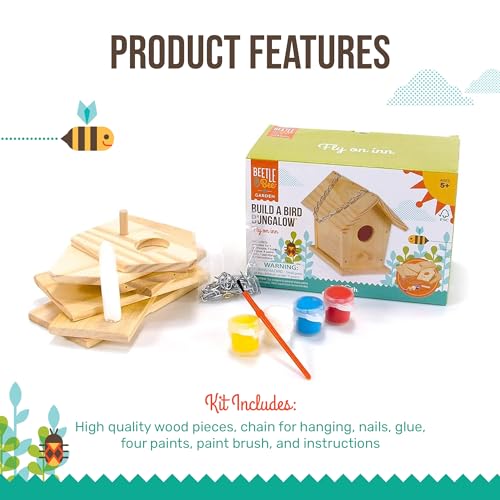 Beetle & Bee Build A Bird Bungalow - DIY Kid Art Craft Outdoor Birdhouse Kit, House Painting Kit for Kids, Hardware Glue Included- 4 Paints, 1 Brush, 7 Wooden Pcs, Chain For Tree Hanging Age 5+ | Includes Paints, Brush, Glue, Nails, Chain, Instructions; K
