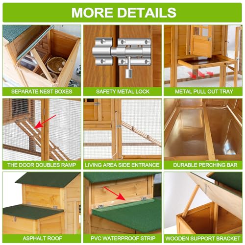 Chicken Coops for 1-2 Chickens with Wheels, Outdoor Wooden Hen House with Nesting Box, Large Rabbit Hutch, Outside Poultry House, Wire Fence Run Cages, Weatherproof for Backyard(Wooden) - size: 80.3"L x 24.2"W x 39.0"H
