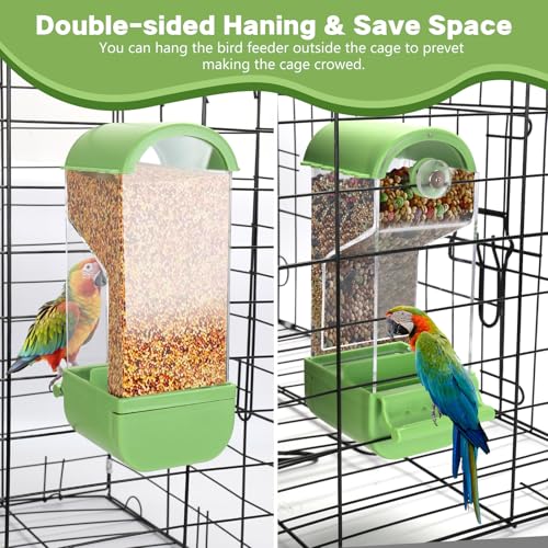 Yummy Sam No Mess Automatic Bird Feeder with Perch for Cage, Acrylic Transparent Bird Cage Feeder Parrot Seed Feeders Food Container Cage Accessories for Small Medium Birds Parrot Cockatoo Canary - color: Green