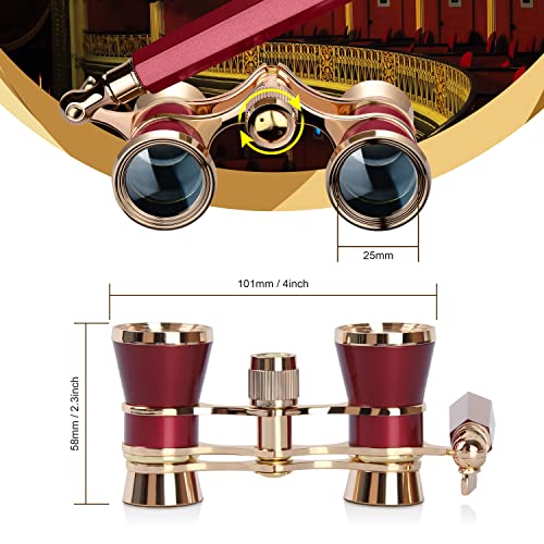 Aomekie Opera Glasses Binoculars 3X25 Theater Glasses Mini Binocular Compact with Handle for Adults Women in Musical Concert（Red） - color: Red with Handle