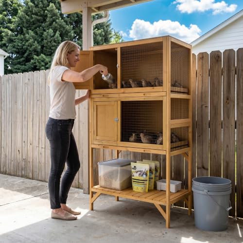 GDLF Wooden Quail Cage Indoor, 2-Tier Quail Coop with Pull-Out Trays | Ideal for indoor quail housing, with a pull-out tray, open shelving, and ventilated panels
