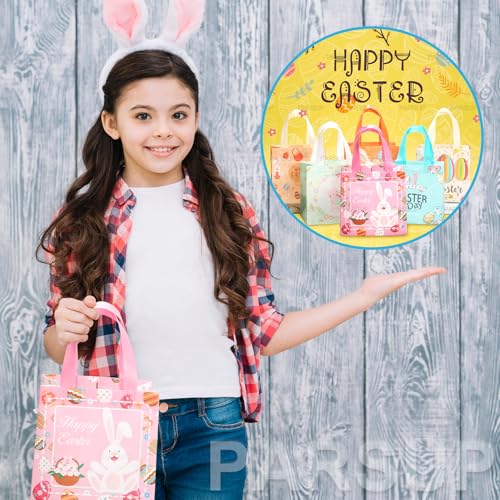 PARSUP 12PCS Happy Easter Bunny Carrot Chick Egg Hunt Gift Treat Multifunctional Non-Woven Bags with Handles,Easter Party Supplies for Gifts Wrapping, 8.3×7.9×5.9inch - color: Orange Yellow Blue Pink Green