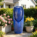 Autodaya 33" H Ceramic Jar Outdoor Water Fountain with Lights, Cobalt Blue | Natural Charm Water Feature with 3D Tropical Leaf Pattern, Soothing Cascading Waterfall for Peaceful Garden Patio Yard Porch - color: 32"h Cobalt Blue New
