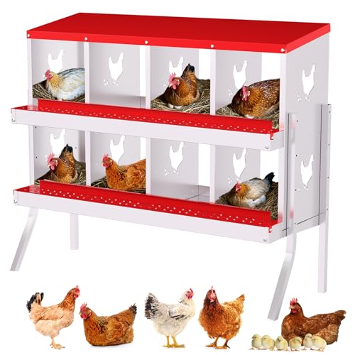GarveeLife 8 Compartment Chicken Nesting Box with Metal Legs, Nesting Boxes for Chickens, Metal Chicken Laying Boxes with Perch, Secure Lid, Versatile Wall Mount or Free Standing for Hens, Red - color: red, size: 8 grids with legs
