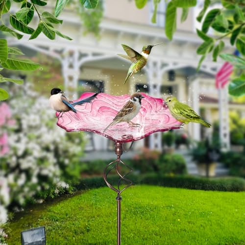Bird Baths for Outside,12" Small Pink Glass Birdbaths Outdoor,Detachable Bird Feeder with Metal Stake for Garden Yard Patio Decor,32" Height - color: Pink with Stake