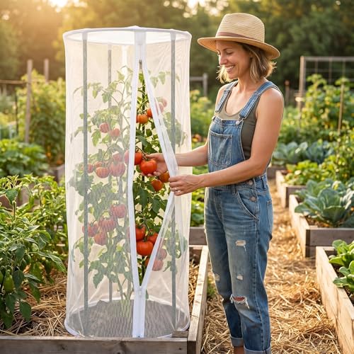 2PCS Round Strawberry and Tomato Trellis Garden Bird Netting | 59 × 18 inches Insect and Bird Barrier, With Zipper and Drawstring, for Protecting Vegetables, Fruits, and Flowers