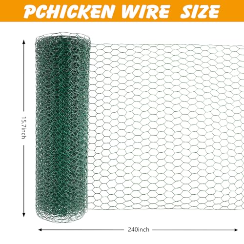 Ondware Chicken Wire Mesh, 15.7 x 240 in, Green PVC-Coated Iron | Rust-resistant galvanized iron, easy to cut and shape, for garden fencing, pet enclosures, and DIY crafts - color: Green(iron)