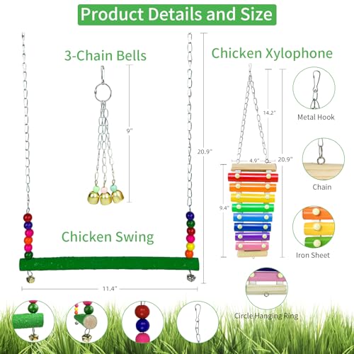 12 Pack Chicken Toys for Hens,Net Mirror Bell Xylophone String Vegetable Fruits Skewer Hanging Ladder Swings Coop Accessories for Hens Bird Parrot