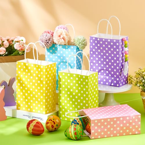 Yeaqee 50 Pieces Pastel Paper Bags with Handle Easter Gift Bags Bulk Polka Dot Candy Goodies for Easter Party Favor Supplies