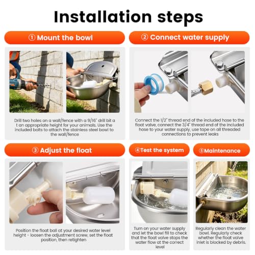 Automatic Dog Water Bowl Dispenser 304 Stainless Steel Dog Waterer | Wall Mounted, Metal Outdoor Heavy Duty Auto Self Filling Animal Water Feeder for Dogs Cats, with Float Valve and Drain Plug