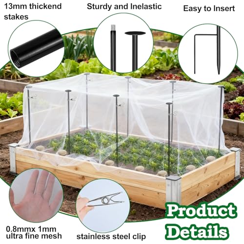 Metal Garden Netting Kit, 8 Pack 2.6ft Raised Garden Bed Net Support Stakes with 13×10ft Fine Mesh Insect Netting 16pcs Clips Bird Barrier Screen Cover for Protect Plant Vegetable Row from Animals Bug - color: 8 Poles With 10×13 Ft Netting