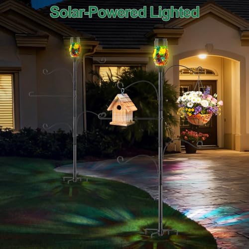 Camii Solar Shepherds Hooks for Outdoors, 80" Bird Feeder Pole with Light, Flag Holder, 5 Prongs Base, Garden Flag Holder for Hook Bird Feeder, Plant Baskets, Lantern