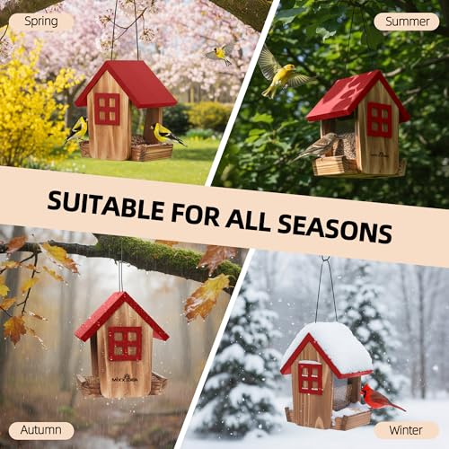 Wooden Hanging Hopper Bird Feeder for Outdoors with Weatherproof Roof Red | Bird House Feeder Attracts Various Wild Birds Cardinals, Bluebirds for Backyard, Yard and Patio Hanging Feeding - color: Red