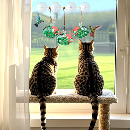 Pozfun Window Hummingbird Feeder with Suction Cups,Hand-Blown Glass Hummingbird Feeders for Outdoors Window Mounted with Metal Hook,Close Bird Watching,Finch in Garden,Yard(Green) - color: Green
