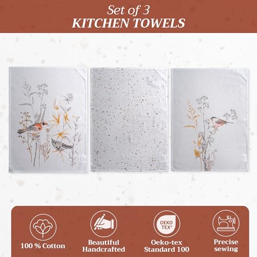 Maison d' Hermine Kitchen Towels Set of 3 Reusable 100% Cotton 27.50" x 20" | Cloth Tea Dish Towels Absorbent with Hanging Loop for Kitchen Dining Party Home Spring Summer - Meadow Florals - Beige - color: 040 - Meadow Florals - Beige