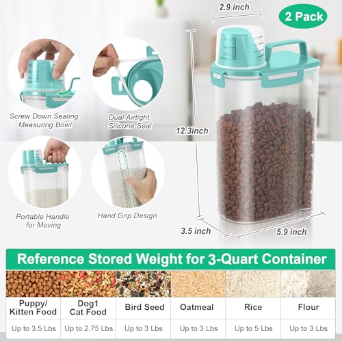 TBMax Rice Container Cereal Storage Container 2 Pack 5 Lbs, Kitchen Pantry Dry Food Storage Holder with Easy-Pouring Spout & Handy Cup, Small Pet Dog Cat Food Dispenser for Daily Feeding -Cyan - color: Cyan 3+3Qt