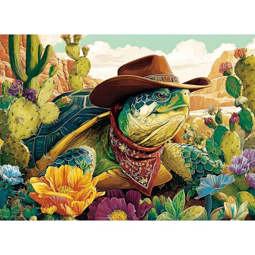 500 Piece Puzzles for Adults, Colorful Cactus Flowers Landscape Puzzles | Cowboy Turtle Desert Jigsaw Puzzle 500 Pieces, Letter on Back, Challenging Nature Animal Puzzle, Game Home Decor - style: cactus and turtle