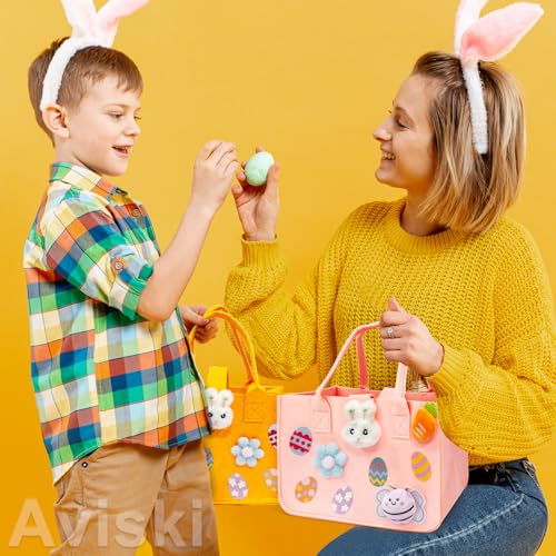 Aviski 2PCS Easter Egg Hunt Bags, Easter Bunny Gift Bags with Handles, Easter Treat Bags, Felt Easter Bags for Gifts Wrapping, Egg Hunt Game, Easter Party Supplies, 12" x7.8" x6.8"(Pink + Orange)