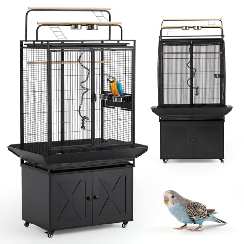 70" Large Bird Cage with Play Top, Metal Parrot Cage with Storage Cabinet | Tall Big Bird Flight Cage with Pull-Out Tray, Feeders, Cover, Stand, Rope, Aviary for Macaw Parakeet Cockatiel Budgie, Black
