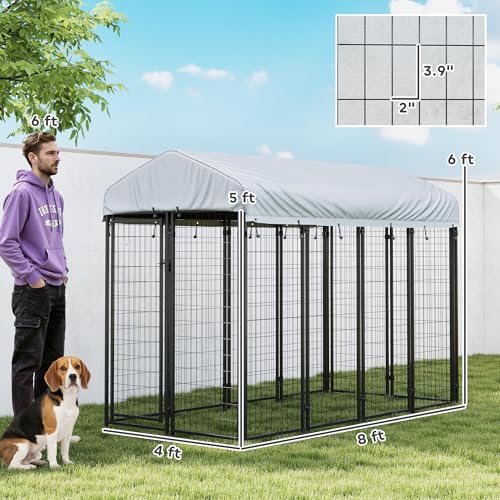 PawHut Outdoor Dog Kennel with Roof for Medium Dogs 8' x 4' x 6' Silver | Heavy Duty Welded Wire Dog Playpen Enclosure, Escape-proof Lock, UV-Resistant & Waterproof Cover, for Chickens, Ducks - size: 96.0"L x 48.0"W x 72.0"H, style: Single Room