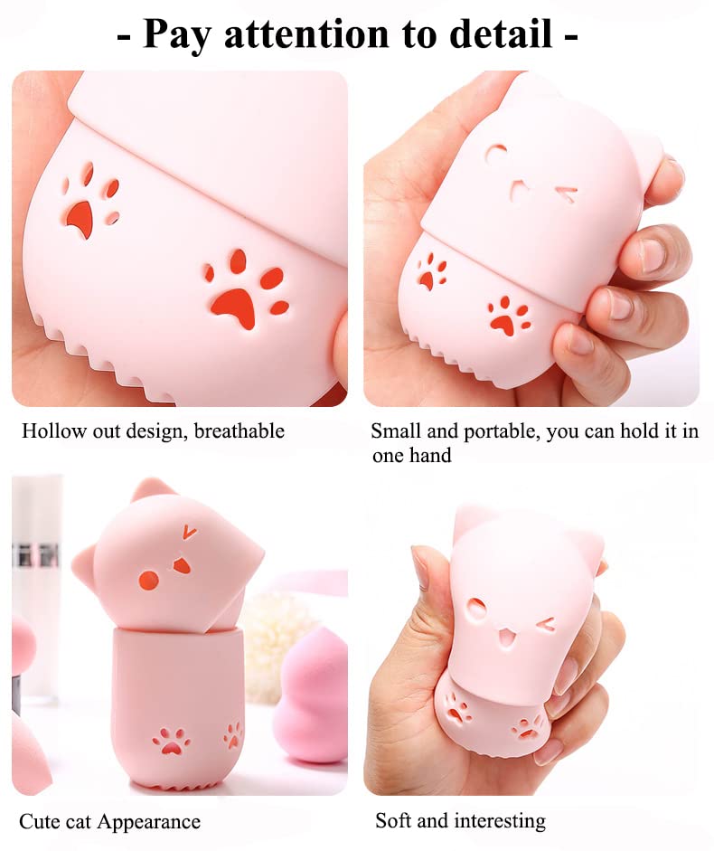 AKOAK Cute Cat Silicone Makeup Sponge Storage Rack, Makeup Egg Drying Rack, Portable Puff Protective Cover Beauty Tool (Pack of 2, Random Color)