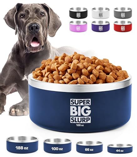 Tuff Pupper Heavy Duty Insulated Dog Bowl | Double Wall Stainless Steel Dog Food Dish | Non-Slip Spill Proof Dishwasher Safe Cat Bowl | Water Dish for Feeding Large Medium Small Pets (188oz, Blue) - color: Midnight Blue, size: 188oz