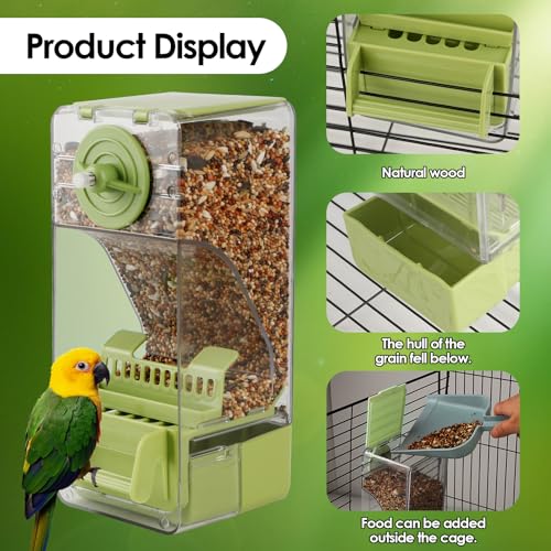 Bird Feeder No Mess 2PCS Automatic Clear Bird Seed Food Container Acrylic Parrot Feeder Dispenser Cage Accessories for Parakeet Budgies Cockatoo Canary Love Bird (Green) - color: Green