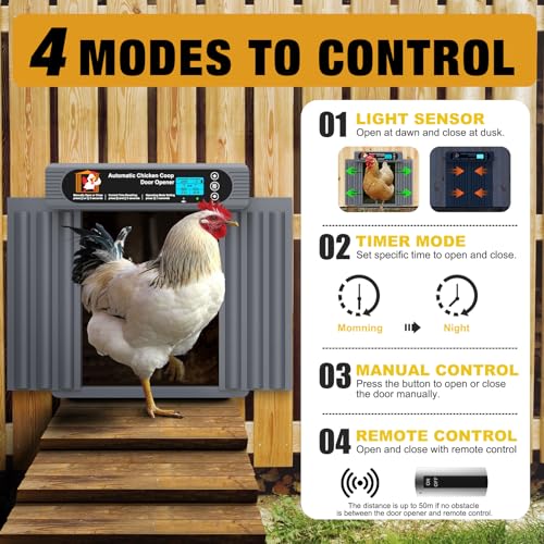 Automatic Chicken Coop Door, Extra Large Size, Anti-Pinch Design,Programmable Timer & Light Sensor Modes, Large LCD Display, Solar Powered Auto Chicken Door Opener with Remote Control（50-100m）
