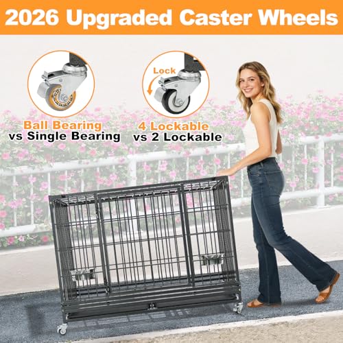 Homey Pet Two Tiers Heavy Duty Dog Crates for Large Dogs, 8 Pack | 47 Inch Stackable Large Dog Crate Cage with 4 Wheels, 2 Removable Trays and Grids, Multi Locks Strong & Solid Escape Proof - size: 47"L-2 Tiers-8P